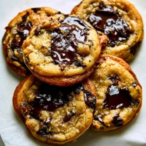 Freshly baked sourdough chocolate chip cookies on a cooling rack.