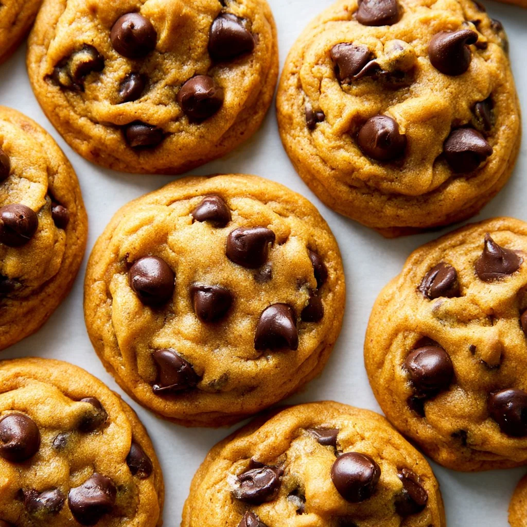 Freshly baked Pumpkin Chocolate Chip Cookies cooling on a rack