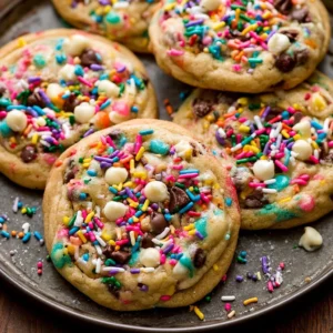 Delicious cake batter chocolate chip cookies on a plate.