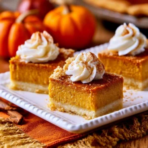 Creamy pumpkin pie bars topped with whipped cream and cinnamon