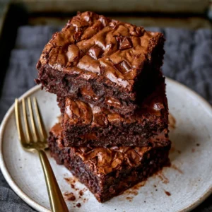Fudgy triple chocolate brownies with rich chocolate layers and topped with chocolate chips