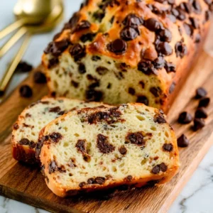 Moist chocolate chip bread loaf with melty chocolate chips