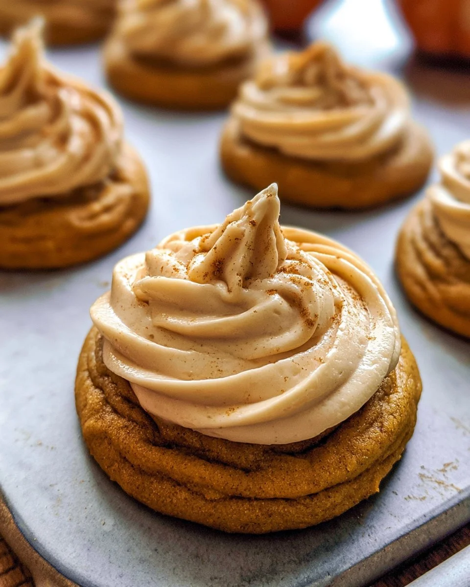 Delicious pumpkin spice cookies with cream cheese frosting drizzled on top