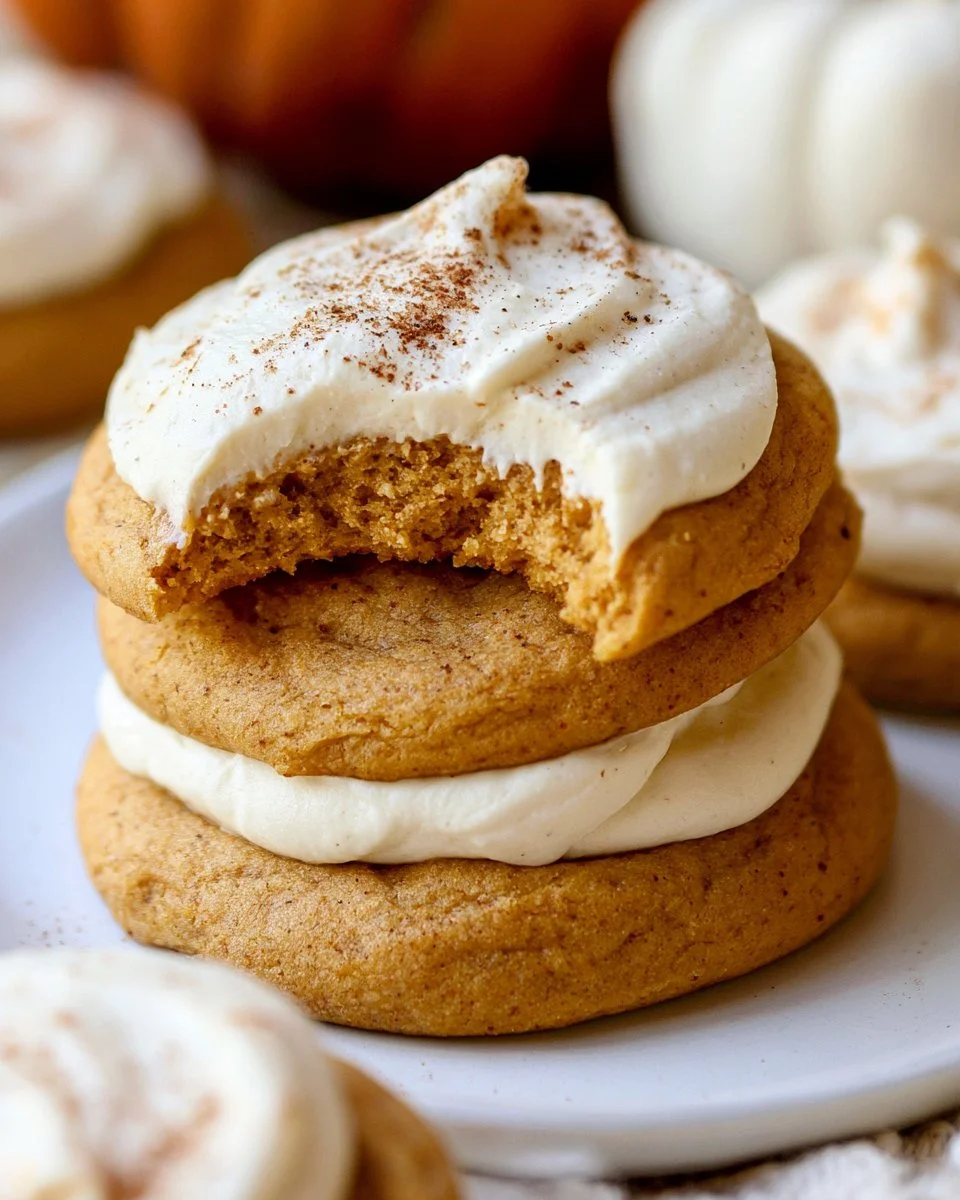 Delicious soft pumpkin cookies with cream cheese frosting on a plate