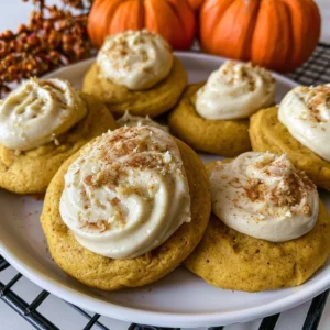 Soft pumpkin cookies topped with pumpkin browned butter, ideal fall dessert.