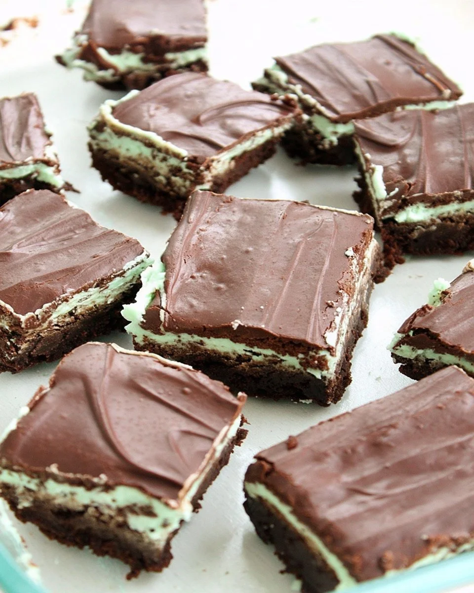 Fudgy mint brownies with rich mint frosting on a white plate