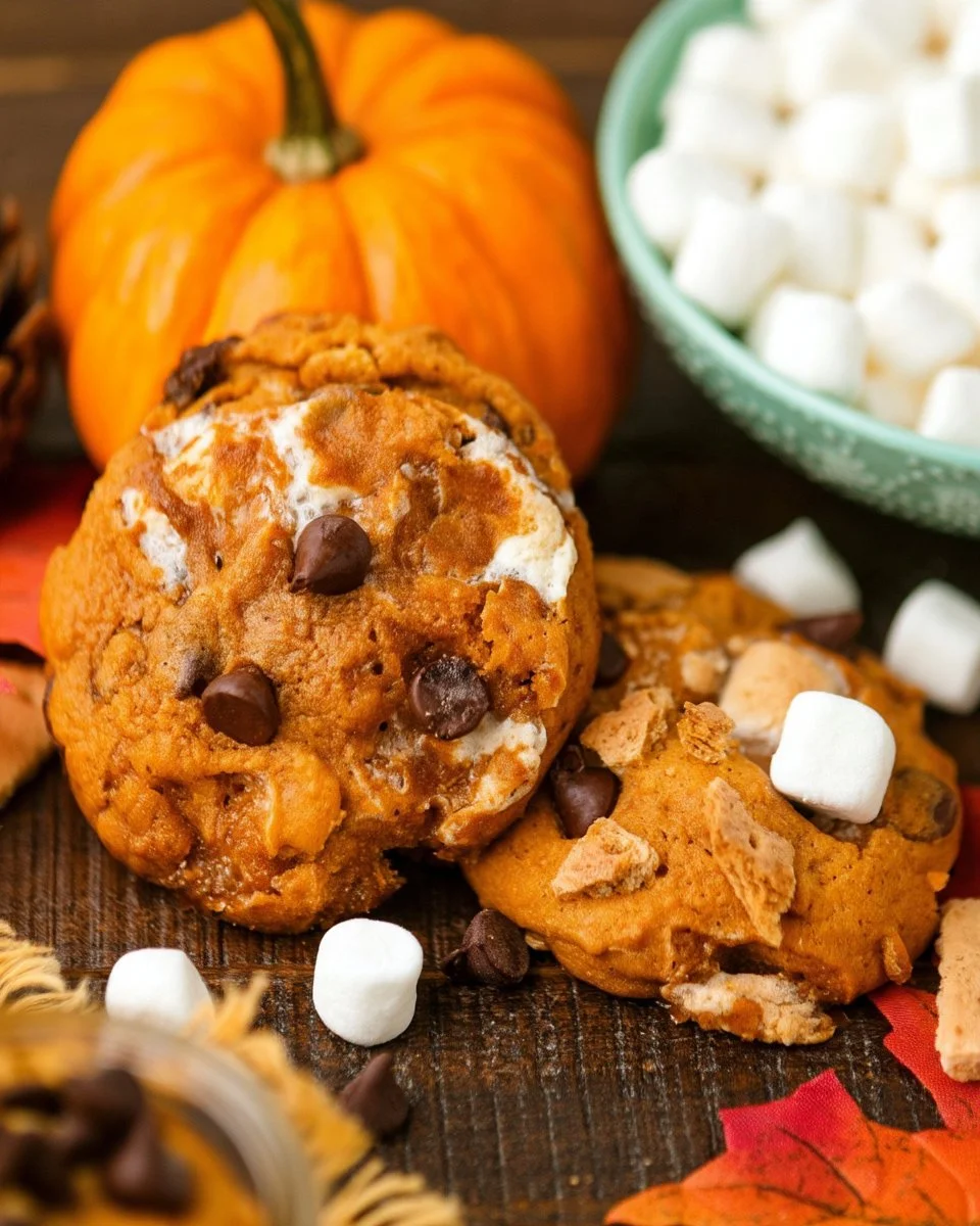 Delicious Pumpkin S'mores Cookies on a rustic wooden table, perfect fall treat.